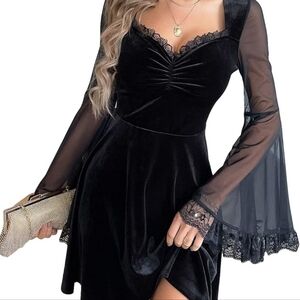 Verdusa Womens Sweetheart Neck Contrast Mesh Flounce Sleeve Lace Trim Ruch Dress